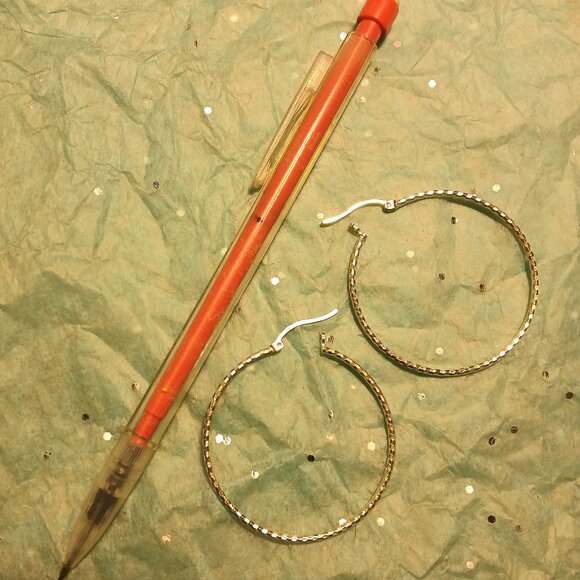 Sterling Silver Sparkle Hoop Earrings 1.5 in Large Lightweight - Picture 3 of 7